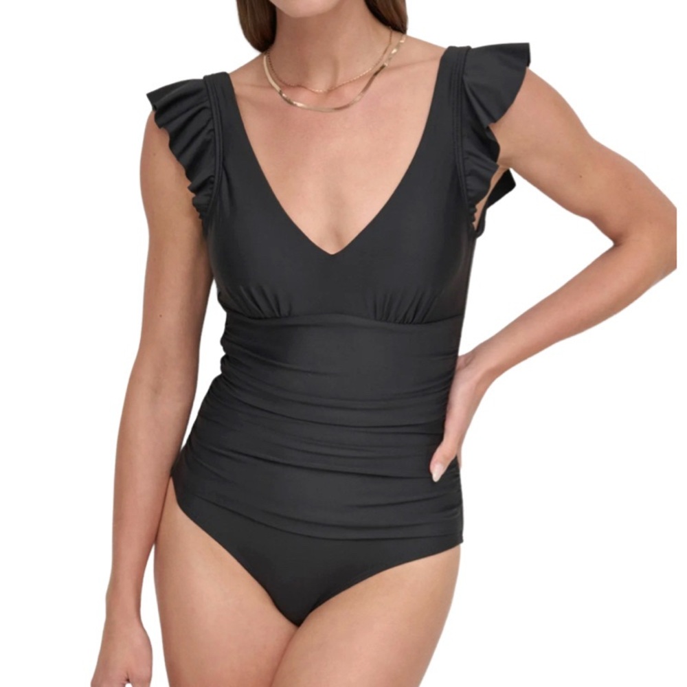 NEW DKNY One Piece Swimsuit Ruffle Straps Tummy Control Low Back Black Size S